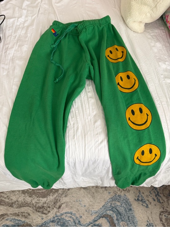 Aviator Nation Pants - Aviator Nation Green Sweatpants with Yellow Smiley Faces